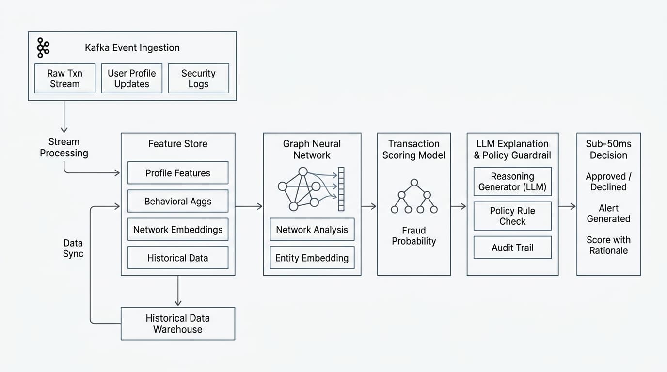 System Architecture · Sub-50ms Real-Time Fraud Detection Graph